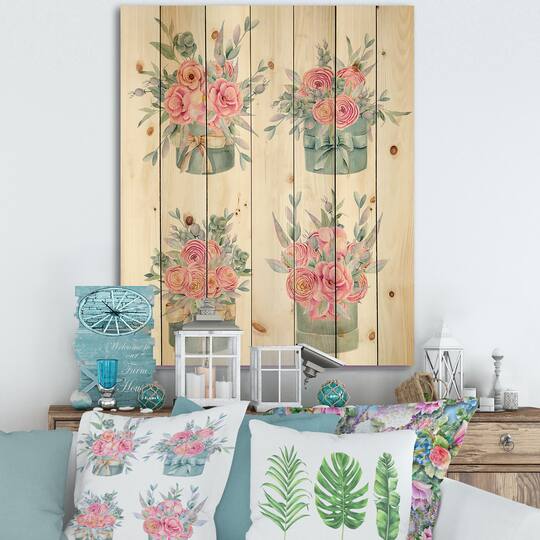 Designart - Collection of Pink Roses - Farmhouse Print on Natural Pine Wood